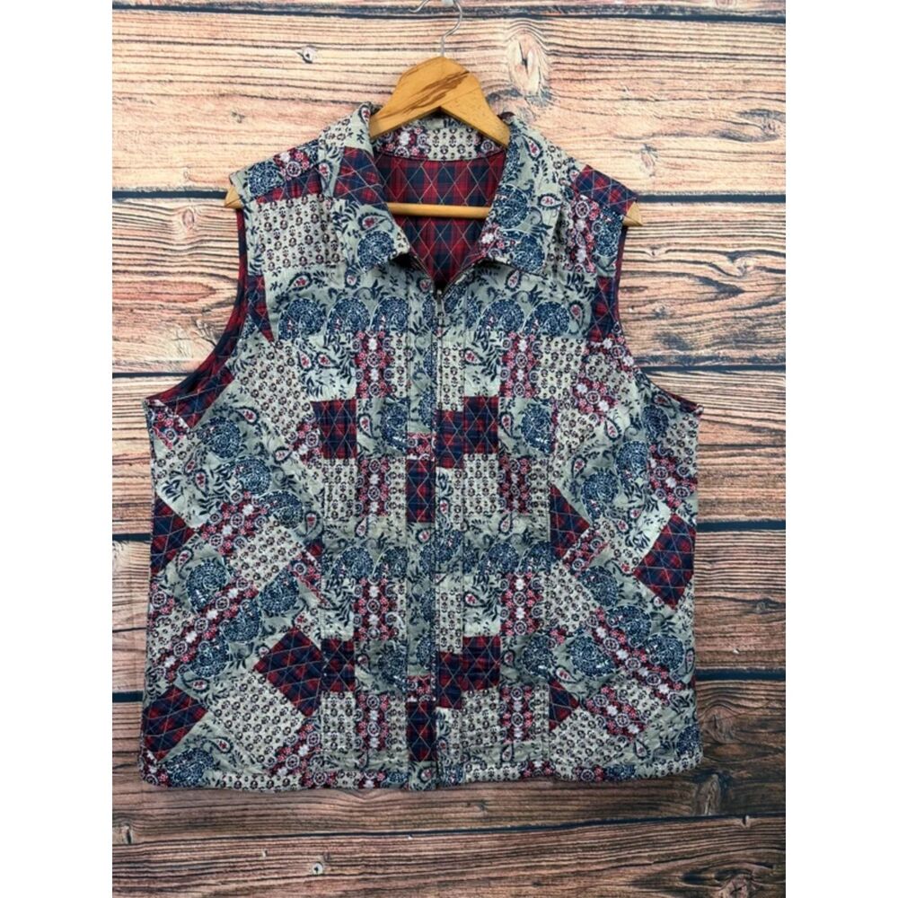 Women's XL Quilted Patchwork Paisley Floral Zip Front Vest Boho 4636